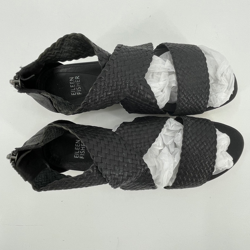 Eileen Fisher Womens Woven Leather Sandals 8.5 Black GUC Back Zip Flat *READ* - Picture 5 of 10